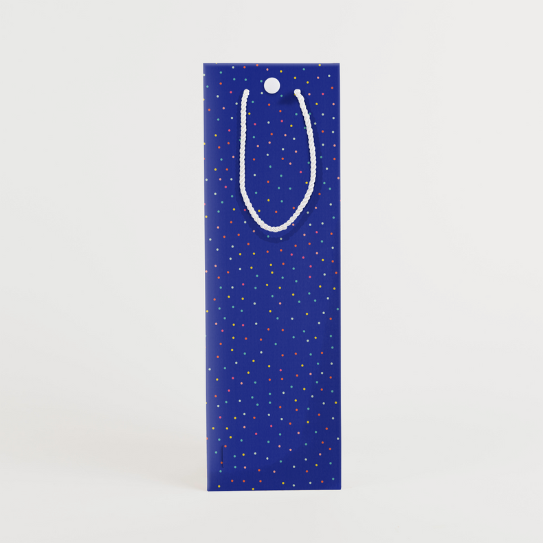 ront view of birthday wine gift bag with vibrant blue background and colorful confetti pattern perfect for wine bottle gifts