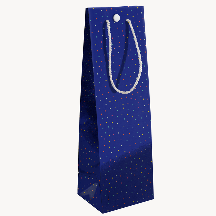 Side view of endless birthday musical wine gift bag showing tall wine bottle proportions with royal blue and rainbow dot design