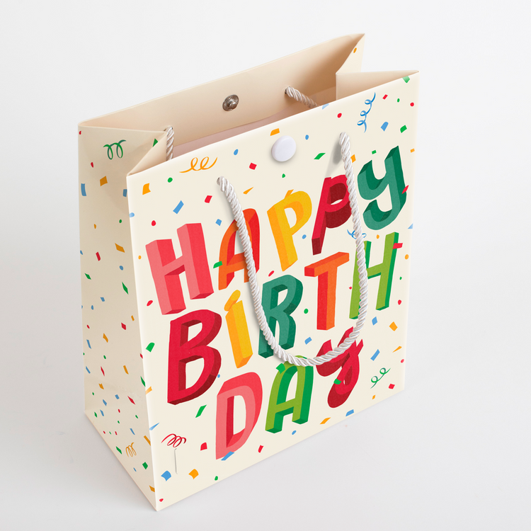 Happy Birthday musical gift bag with colorful confetti pattern and white rope handles from Joker Greeting endless farting collection