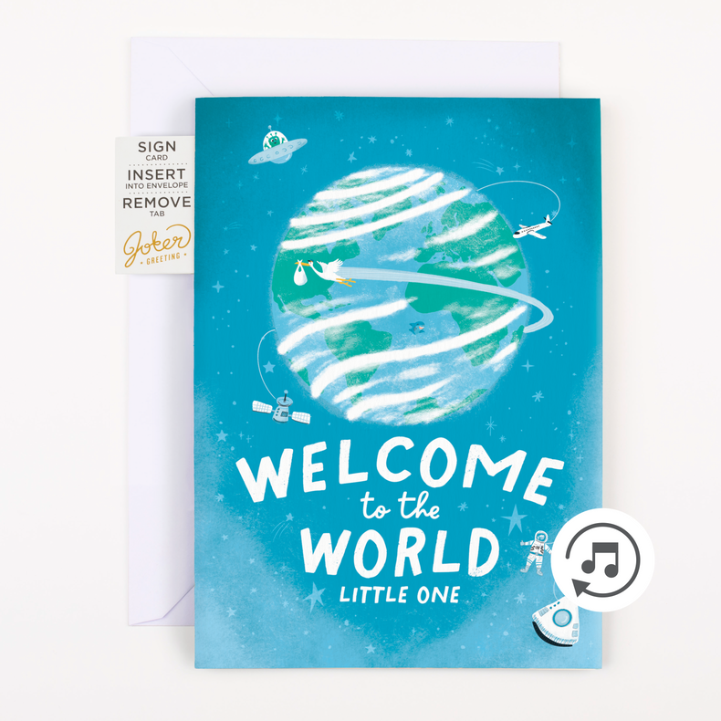 A greeting card with a colorful design featuring a globe and the text 'WELCOME TO THE WORLD LITTLE ONE'. There is a pull strip on the card which is meant to activate an interactive element.