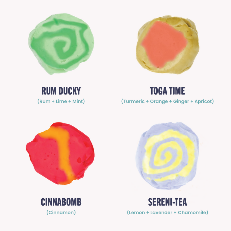 Four Bath Bomb Bites taffy flavors: green Rum Ducky, yellow TOGA Time, red Cinnabomb, and purple Sereni-tea pieces