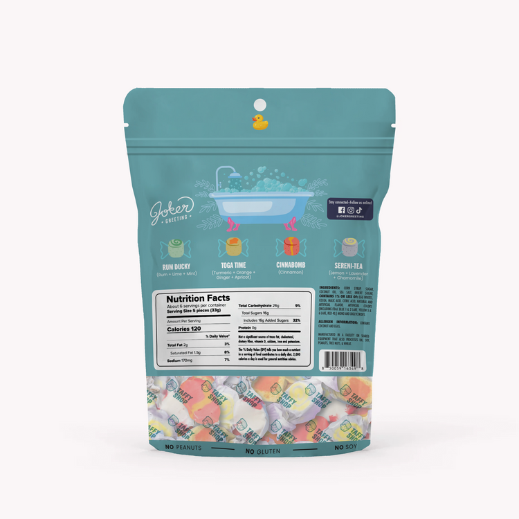 Bath Bomb Bites nutrition facts and ingredient list showing gluten-free salt water taffy with 34 pieces per package