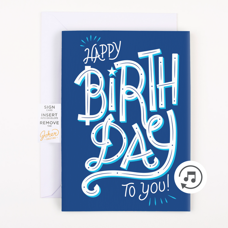 front of Joker Greeting endless birthday card with blue Happy Birthday lettering