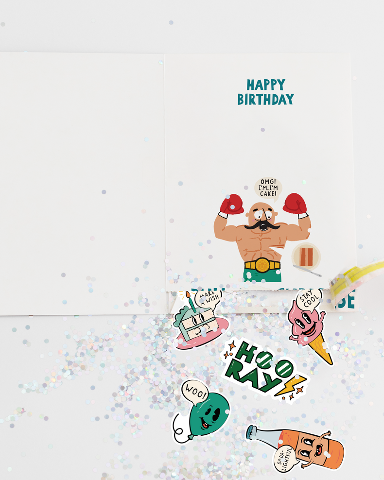 Cartoon character with birthday elements on a light gray background