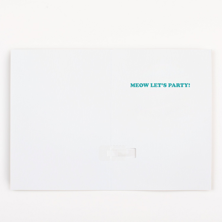 Inside view of Cool Cat birthday card showing Meow Lets Party message and blank space for personalized birthday wishes