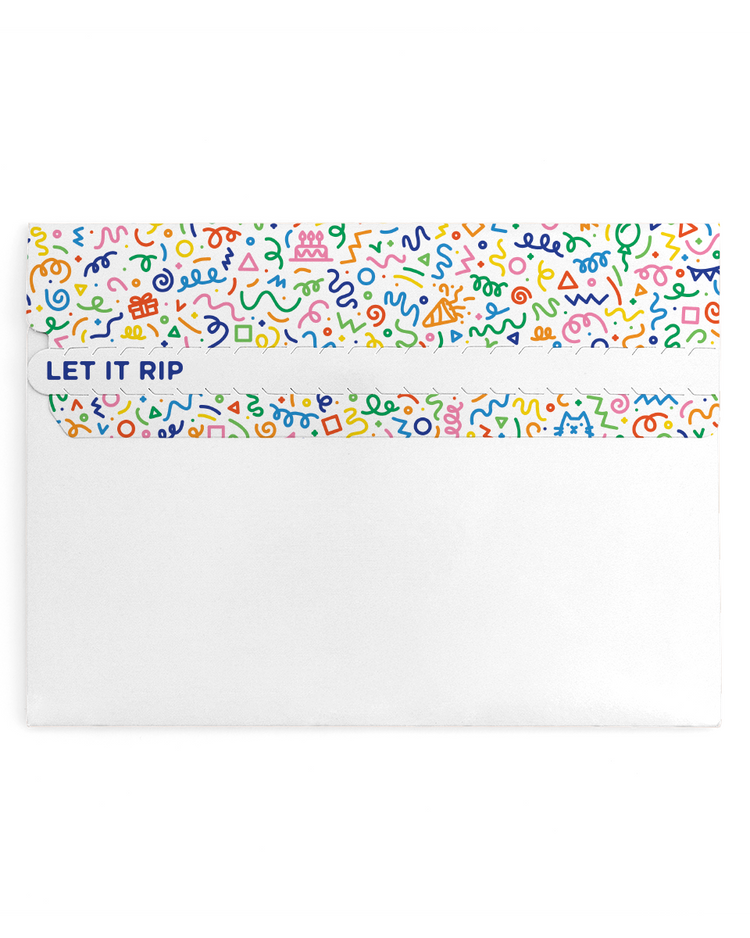 Colorful patterned envelope with 'LET IT RIP' text on a white background