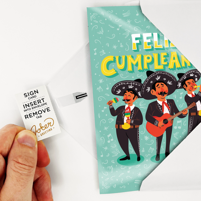 How to setup card, insert card into envelope, then pull tab from spine.