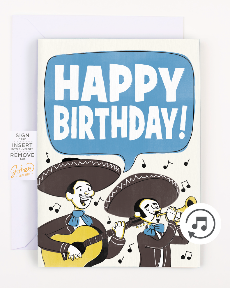 Birthday card with mariachi musicians and 'Happy Birthday!' text on a white background