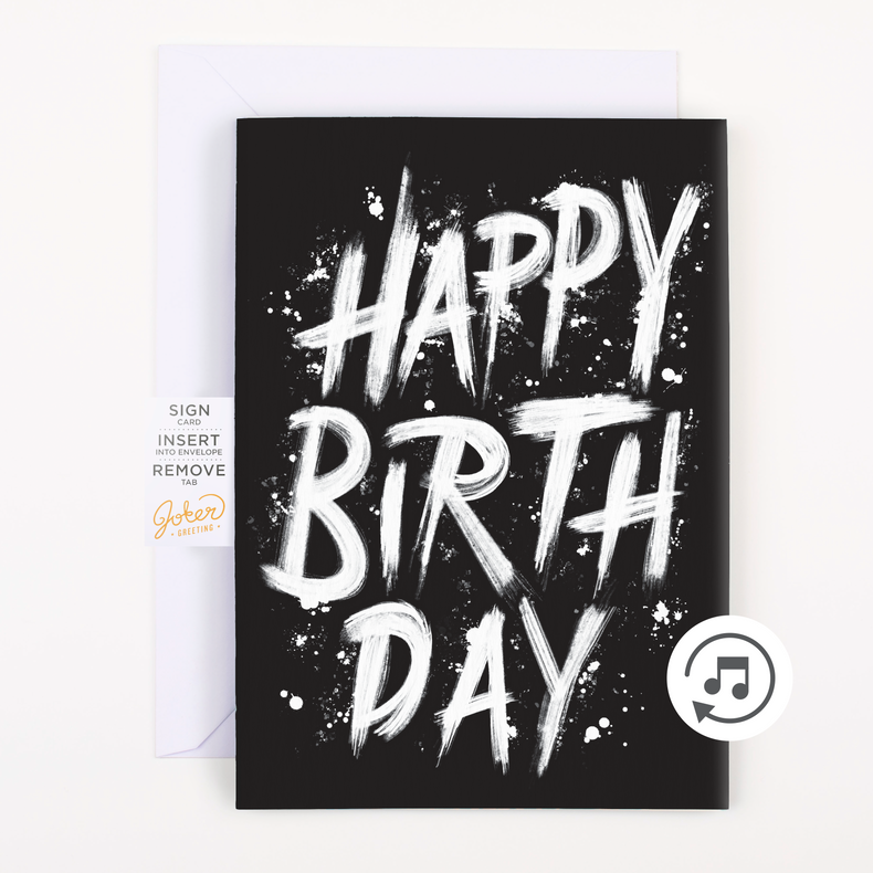 Complete Product with Instructions:
Happy Birthday Screamer endless musical prank card by Joker Greeting with white envelope showing black paint splatter design and musical note icon