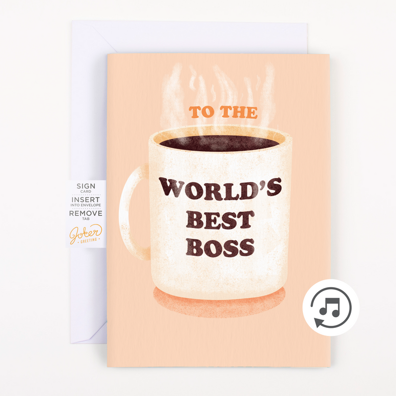Joker Greeting endless musical boss card showing coffee mug design with tab removal instructions and sound indicator icon