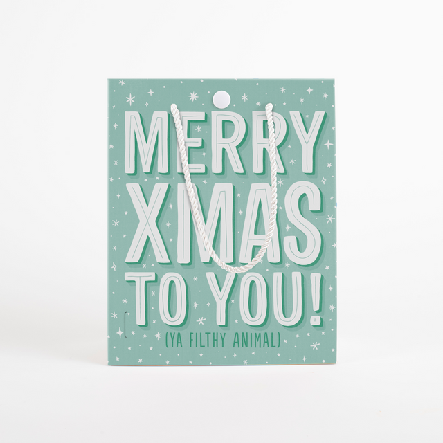 Front view of Merry Xmas Ya Filthy Animal musical prank gift bag with bold white lettering on mint green background with star decorations
