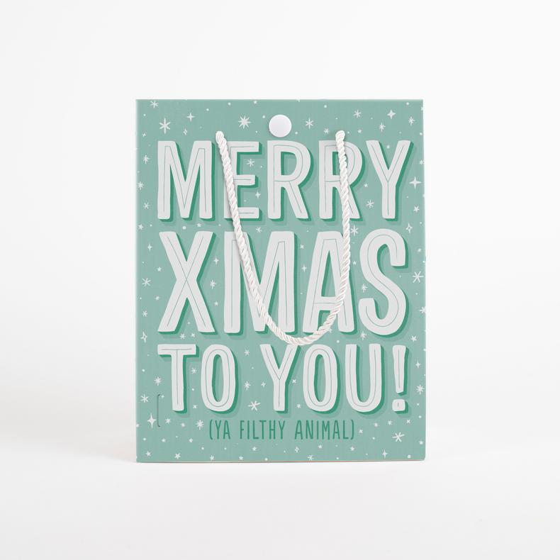 Front view of Merry Xmas Ya Filthy Animal musical prank gift bag with bold white lettering on mint green background with star decorations