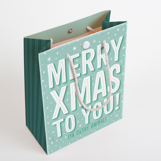 Side view of Merry Xmas Ya Filthy Animal endless meowy Christmas musical gift bag with festive mint green color and white snowflake pattern