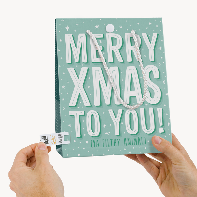 Hands holding Merry Xmas Ya Filthy Animal musical gift bag with mint green background and white stars from Joker Greeting endless meowy Christmas collection showing tab removal system