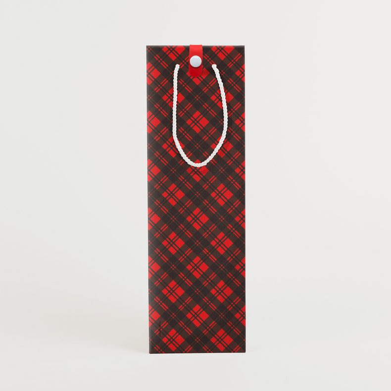 Front view of meowy Christmas bottle bag with traditional red and black plaid pattern perfect for wine and spirit bottles
