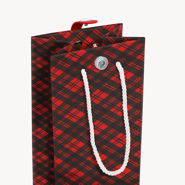 Opened endless meowy Christmas musical bottle bag showing interior space with classic holiday plaid design and white rope handles