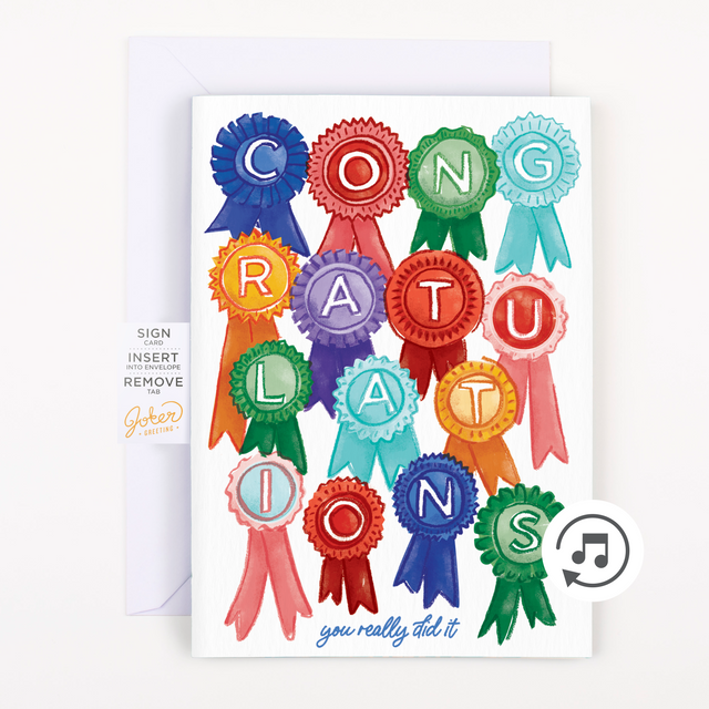 A colorful greeting card with the word 'CONGRATULATIONS' written in block letters, composed of various award ribbon designs in different colors.