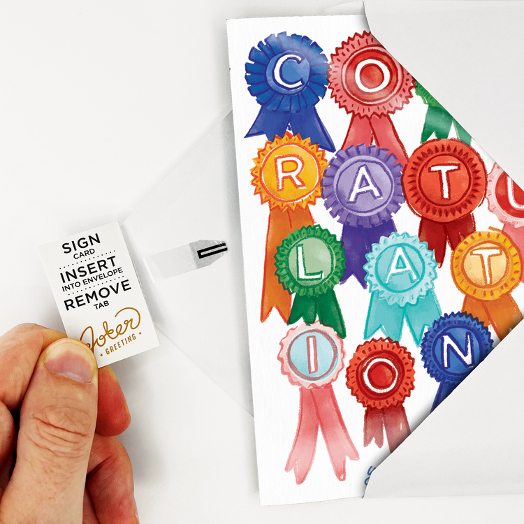 Joker Greeting congratulations card product packaging showing musical prank card with ribbon awards and activation instructions