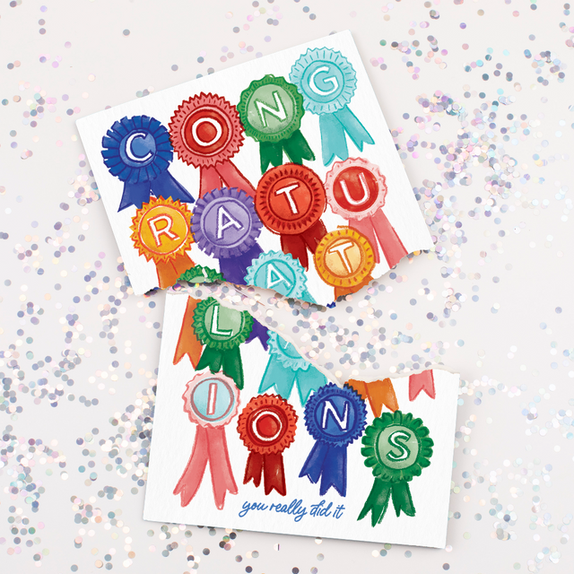 Musical congratulations greeting card with award ribbon design showing large glitter and festive celebration theme