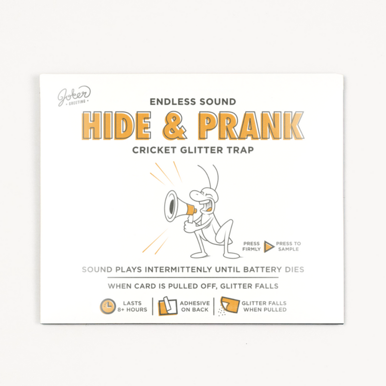 Joker Greeting Hide and Prank cricket glitter trap instruction card showing endless sound intermittent play adhesive back and glitter falls features with cartoon cricket and megaphone illustration