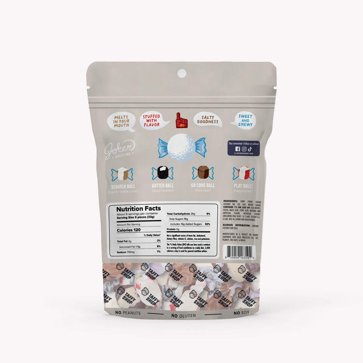 Dad's Balls taffy nutrition facts showing 34 pieces per package, gluten-free, no soy, no peanuts with four flavor descriptions
