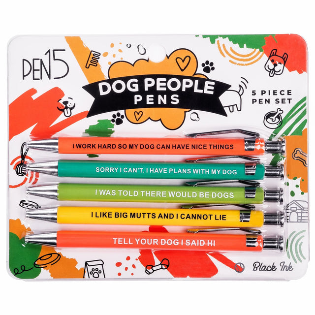 A set of colorful pens with unique phrases on each, presented in a package with dog-themed graphics and text stating 'DOG PEOPLE Pens'.