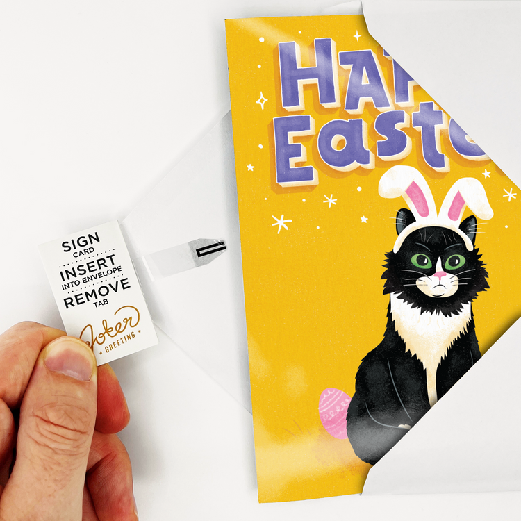 Joker Greeting Easter card product packaging showing musical prank card with black cat bunny ears design and activation instructions