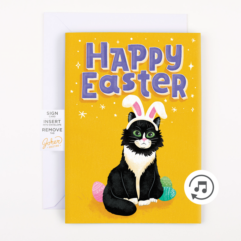 A greeting card with a illustration of a black cat wearing bunny ears, surrounded by Easter eggs, with the text 'Happy Easter' on a yellow background. There is also a musical note symbol indicating the card plays a tune.