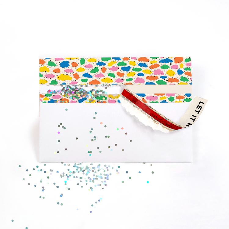 Colorful patterned pouch with a red strap on a white background Farting Glitter Envelope