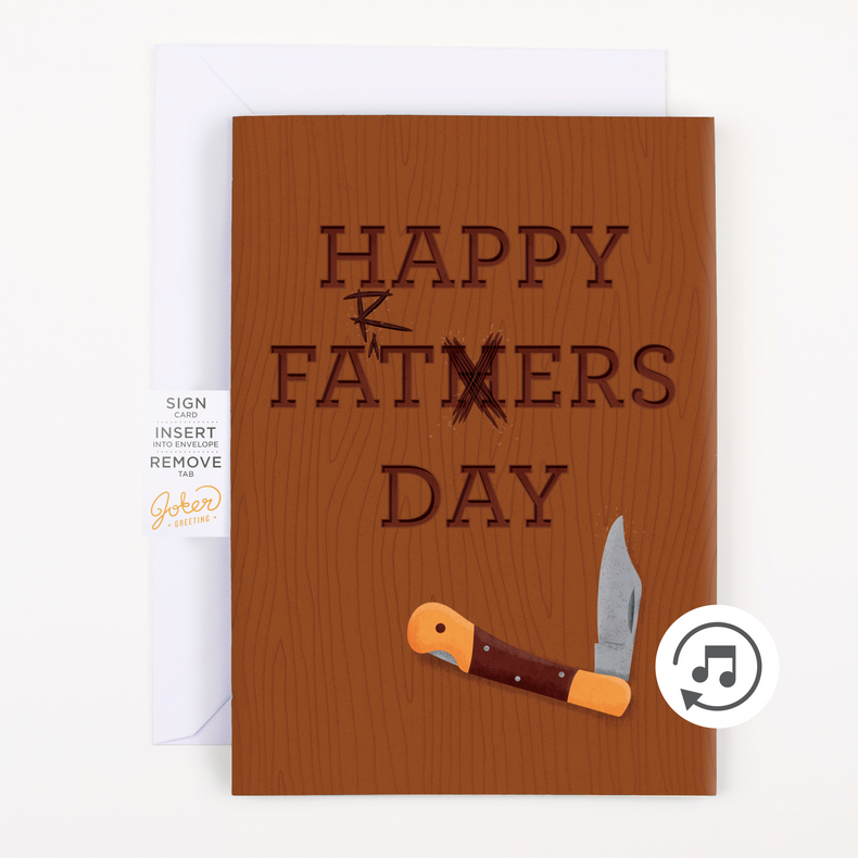 Funny Father’s Day card featuring a woodgrain background with the words “Happy Father’s Day” humorously altered to say “Happy FartXers Day” using knife-scratch markings, and an illustrated pocketknife resting at the bottom.