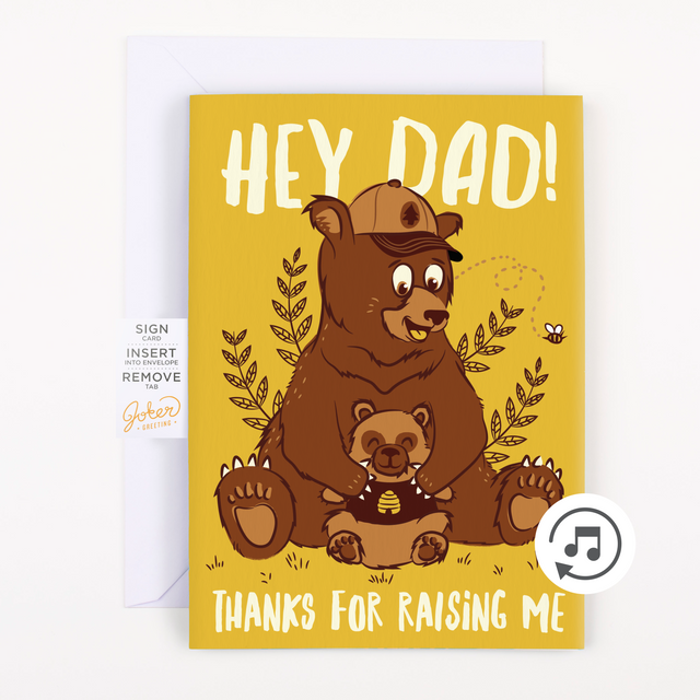 Musical Father's Day prank card with music note icon - Hey Dad Thanks for Raising Me bear design endless baby crying sound Joker Greeting card