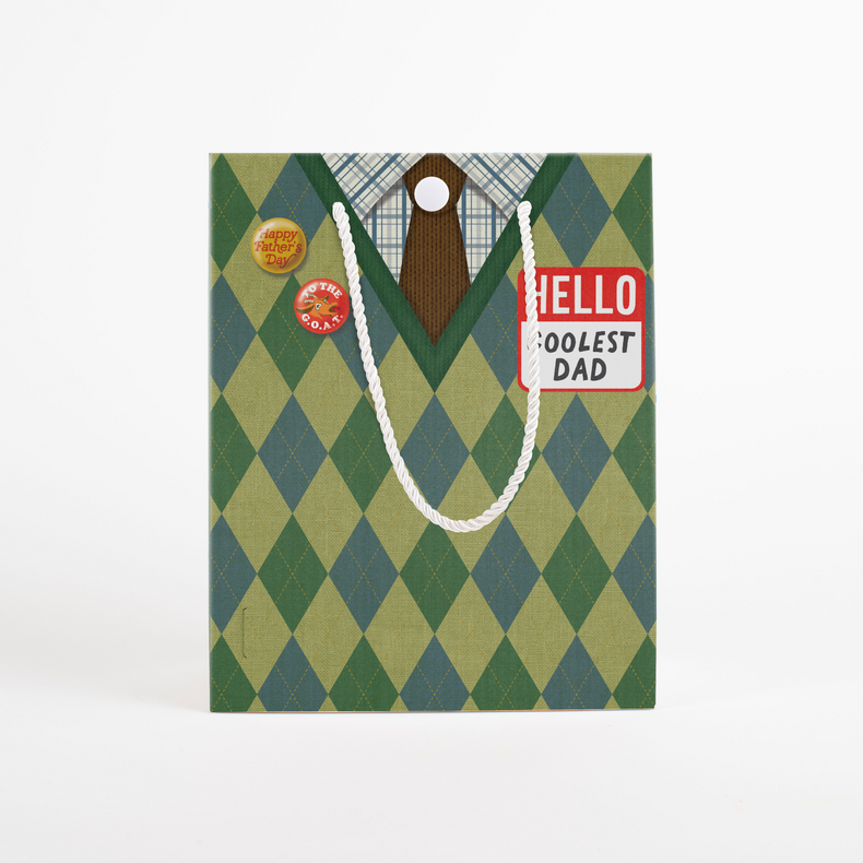 Father's Day G.O.A.T musical gift bag front view - Hello Coolest Dad argyle pattern with Happy Father's Day and G.O.A.T badges