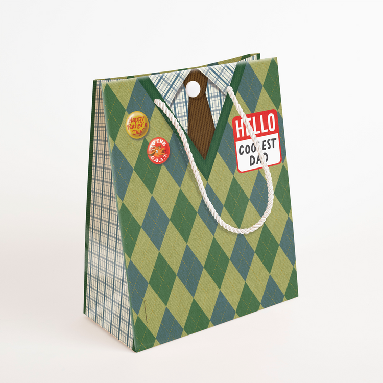 Open Father's Day G.O.A.T musical gift bag showing interior - endless music plays when opened, argyle pattern with plaid lining