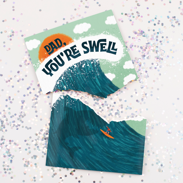 Father's Day Greeting card that says "Dad, You're Swell" with a surfer on a wave and a shark underneath the water; but it's broken because we hid glitter inside.
