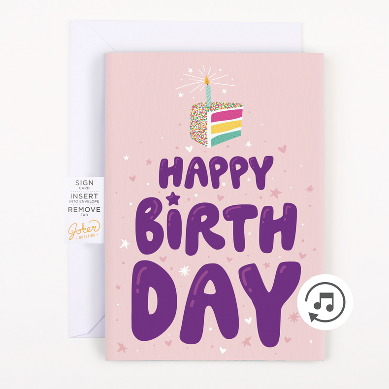 Complete Product with Instructions:
Happy Birthday punk rock endless musical prank card by Joker Greeting with white envelope showing colorful cake illustration and musical note icon