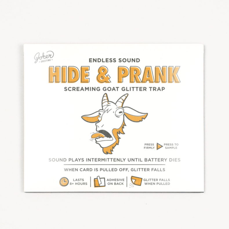 Joker Greeting Hide and Prank screaming goat glitter trap instruction card showing endless sound intermittent play adhesive back and glitter falls features with cartoon goat illustration