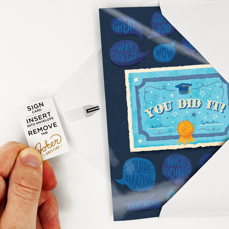 Joker Greeting graduation card product packaging showing musical prank card with you did it certificate design and activation instructions