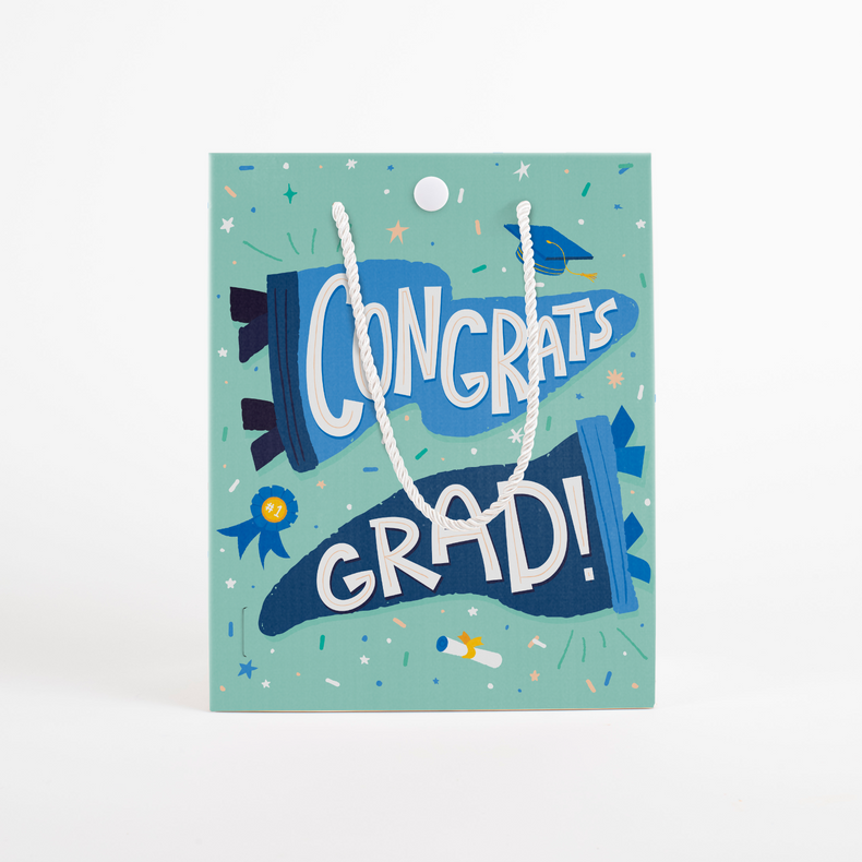 Front view of graduation musical gift bag showing Congrats Grad message with graduation cap mortarboard and celebration stars