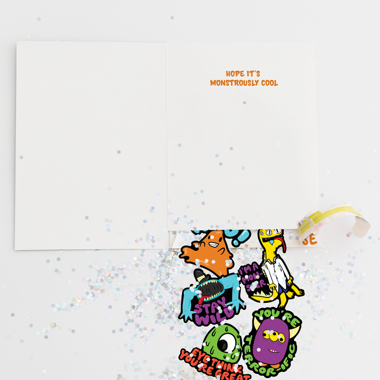 Halloween monster prank card with glitter and cartoon monster character stickers scattered around Hope Its Monstrously Cool greeting card
