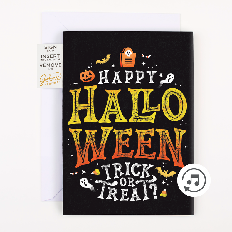 Joker Greeting endless Halloween musical card featuring green zombie character with Why Not Both text and pull for treats tab