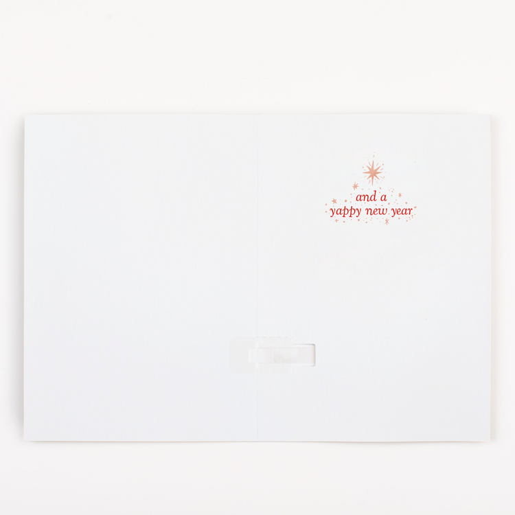 Joker Greeting dog Christmas musical card interior showing and a yappy new year message with star decorations