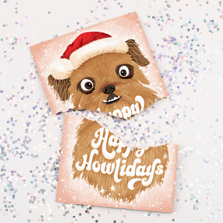 Happy Howlidays Christmas dog greeting card showing adorable puppy wearing Santa hat surrounded by large colorful glitter spill