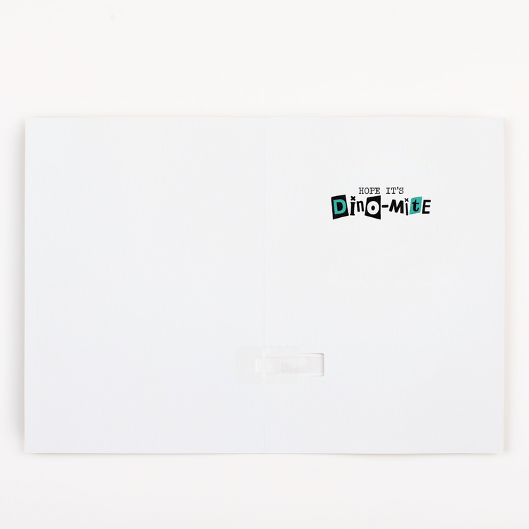 Inside message of endless punk rock birthday card - Hope It's Dino-mite text on white background