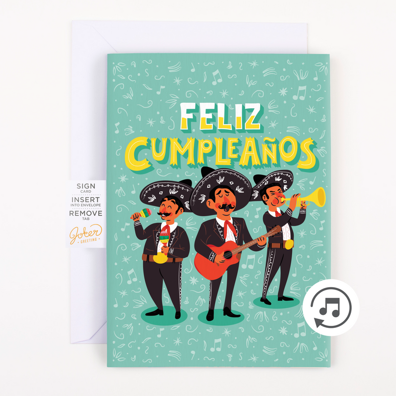Complete Product with Instructions:
Feliz Cumpleanos Happy Birthday endless mariachi musical prank card by Joker Greeting with white envelope showing mariachi band illustration and musical note icon
