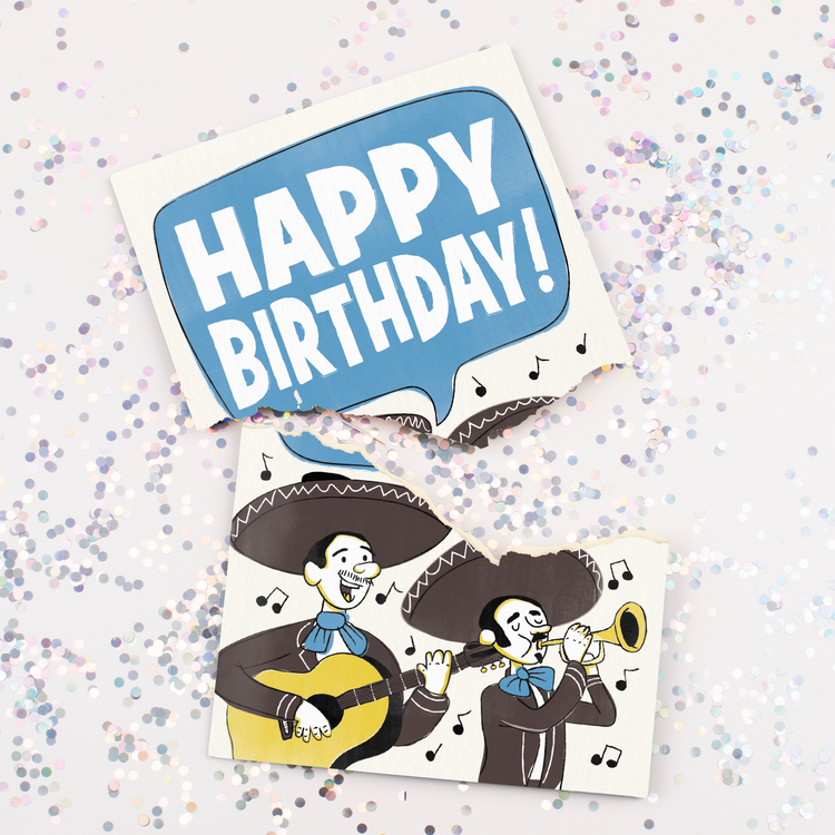 Torn Card with Glitter:
Mariachi Happy Birthday musical card torn in half with multicolored glitter scattered around showing mariachi musicians illustration and hidden glitter surprise feature
