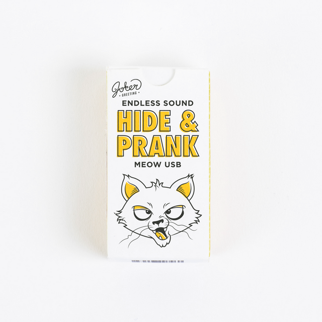 Joker Greeting Hide and Prank Meow USB package with cartoon cat mascot illustration and endless sound prank device branding