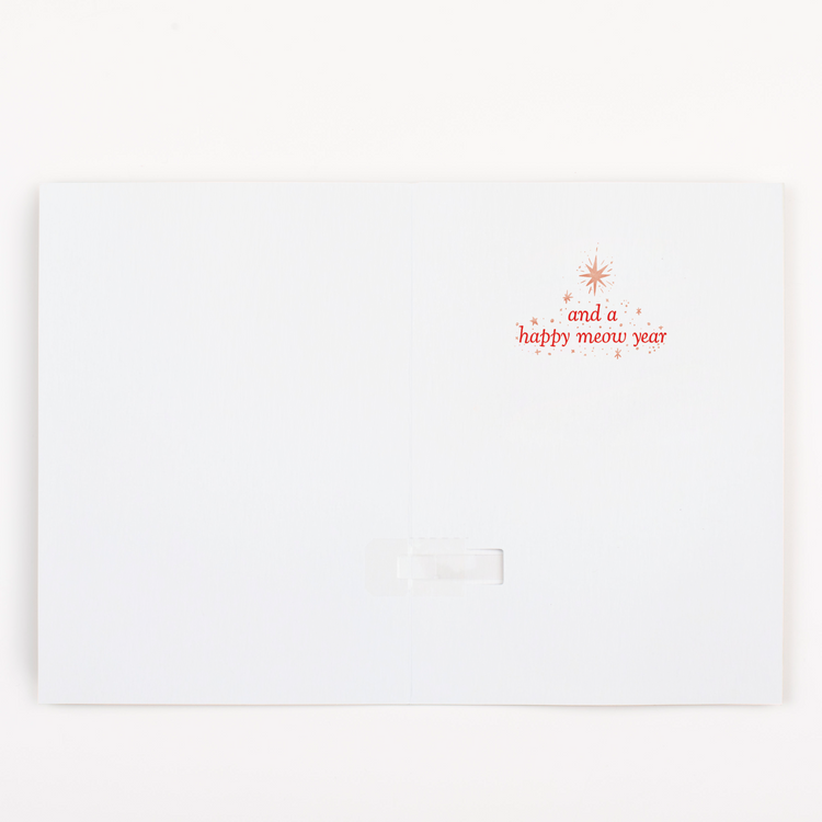 Cat Christmas greeting card interior showing and a happy meow year message with star decorations and white background