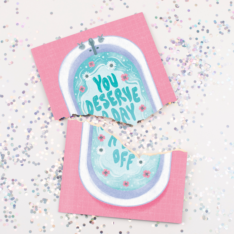 You deserve a day off musical greeting card with bathtub design surrounded by large glitter showing endless loop Mother's Day prank card