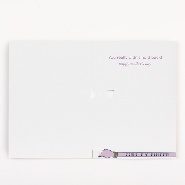 Inside view of Mother's Day fart sound prank card with You really didn't hold back happy mothers day text and glitter scattered around