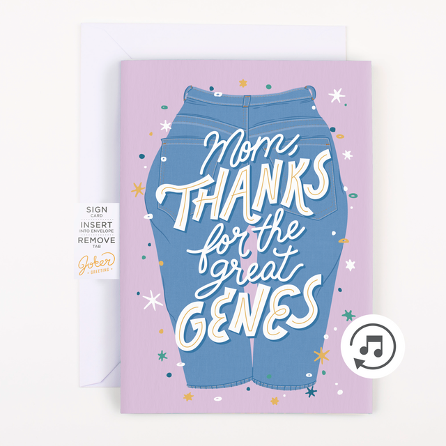Complete Joker Greeting Mother's Day fart sound card with envelope showing denim jeans design and musical note icon for endless play